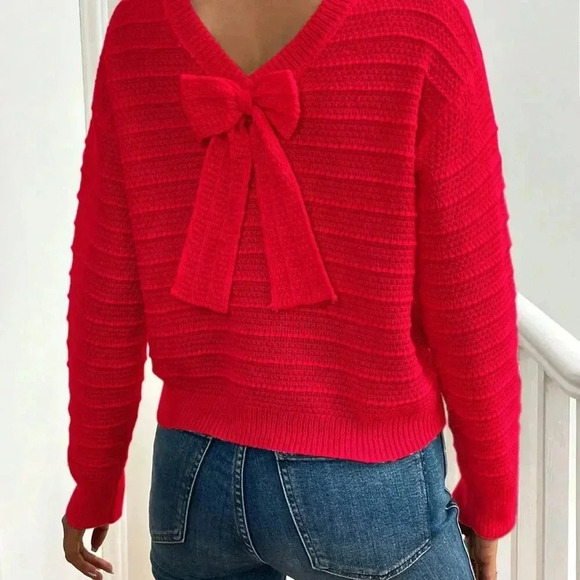 Red Casual Women's Elegant Bowknot Decor Drop Shoulder Sweater - Picture 3 of 6